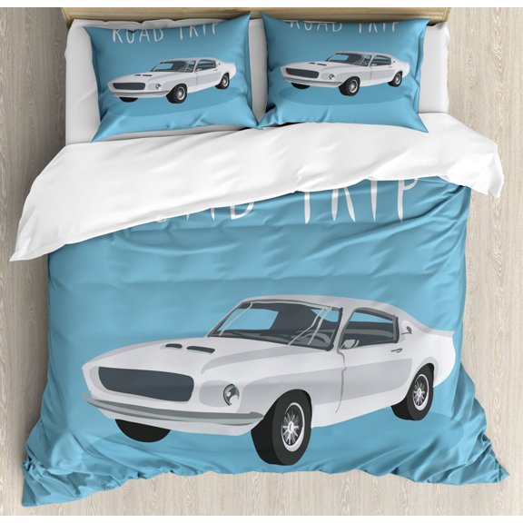 Road Trip Duvet Cover Set King Size, Retro Style Typography on Classic Sport Car Coupe Drive Fast Lane, Decorative 3 Piece Bedding Set with 2 Pillow Shams, Pale Azure Blue and Pearl, by Ambesonne