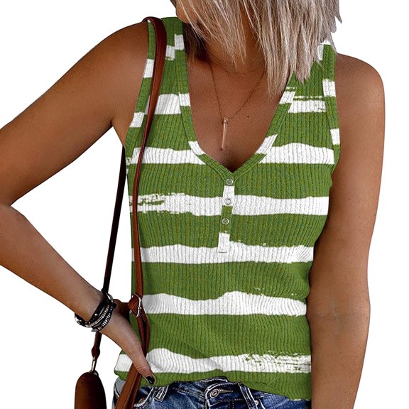CLOISE Womens Tank Tops Loose Green Summer V Neck Comfy Casual T Shirts Fashion Sleeveless Striped Multi-colored Hollow Breathable Soft Blouse XL