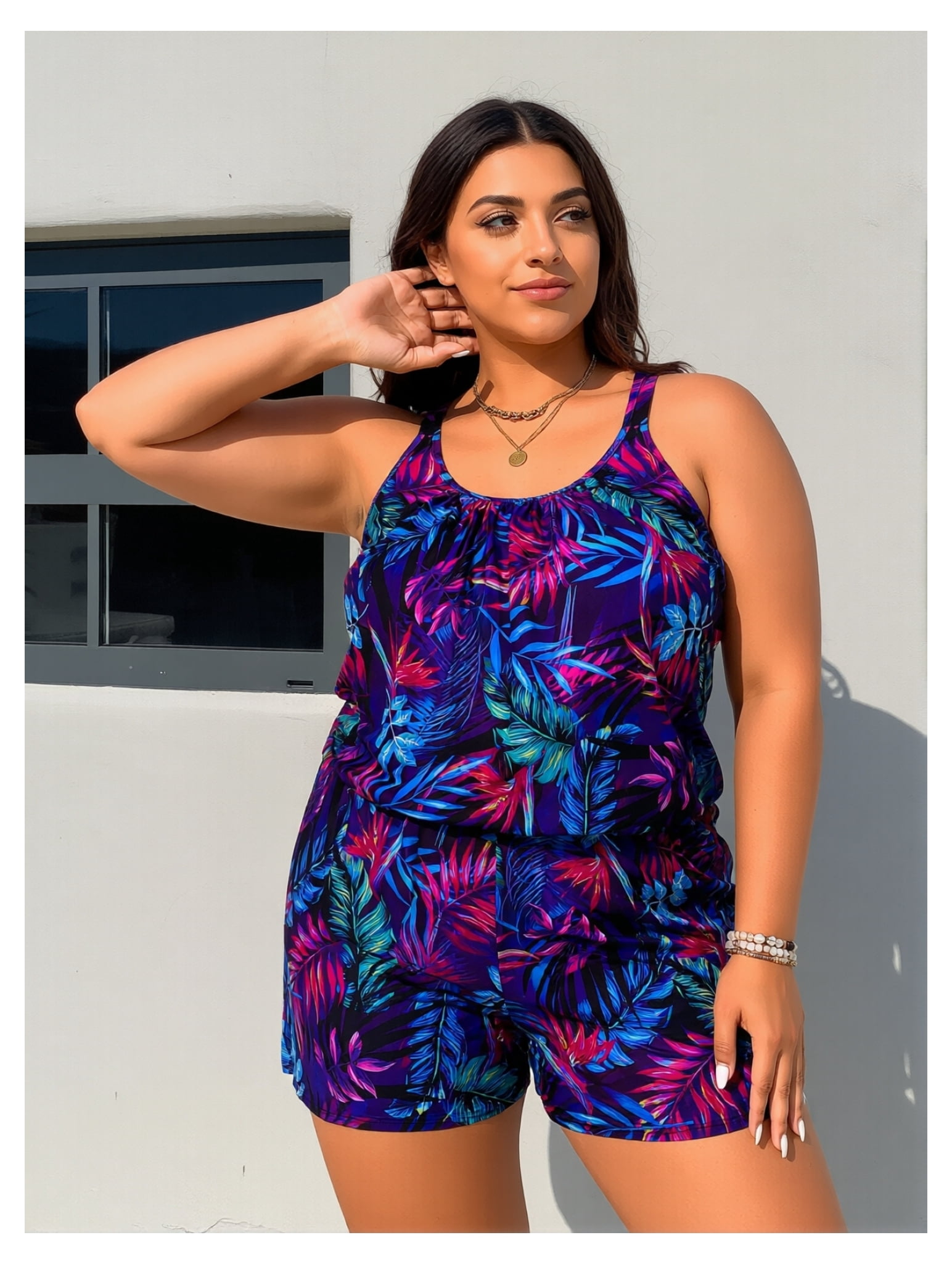 Plus Size Swim Romper Modest Swimsuits for Women One Piece Bathing Suit Shorts Swim Suit with Pockets
