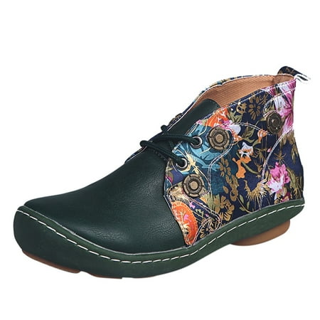 

EQWLJWE 2022 Booties for Retro Women Leather Flat Lace-Up Flower Print Short Booties Round Toe Shoes Deals Discount Clearance