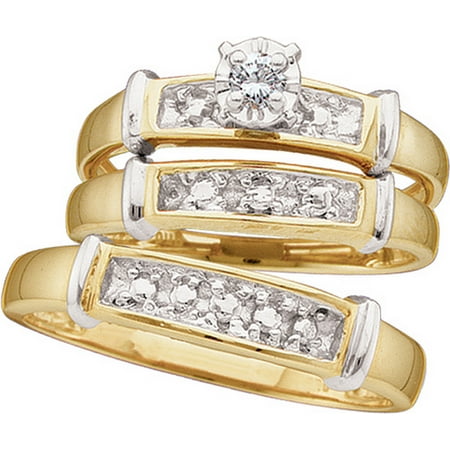 Sizes - L = 7, M = 10 - 925 Sterling Silver Trio His & Hers Round Diamond Solitaire Matching Bridal Wedding Ring Band Set 1/12
