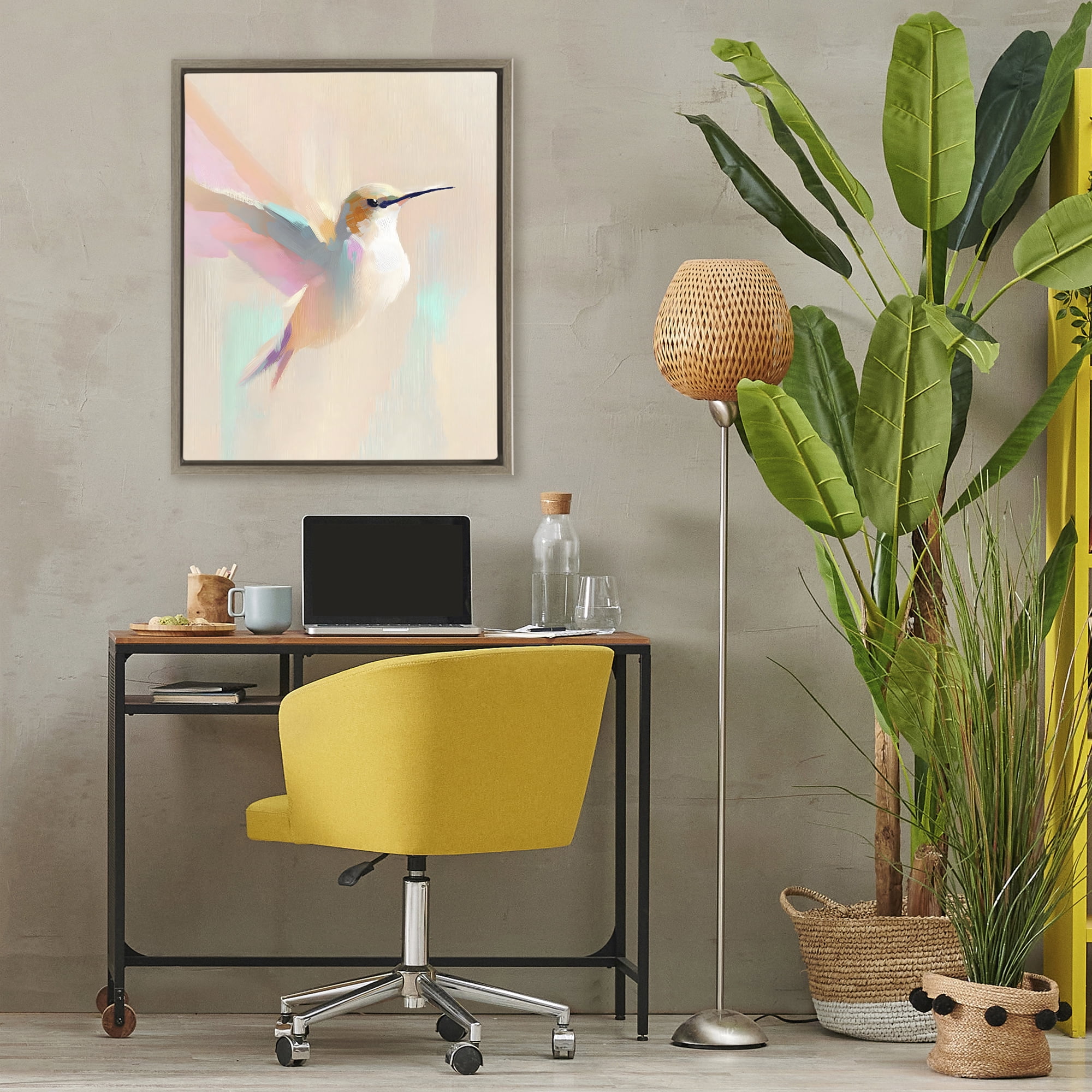 Stupell Industries Pastel Hummingbird in Flight Brown Framed Floater Canvas Wall Art, design by The Prints Vibe