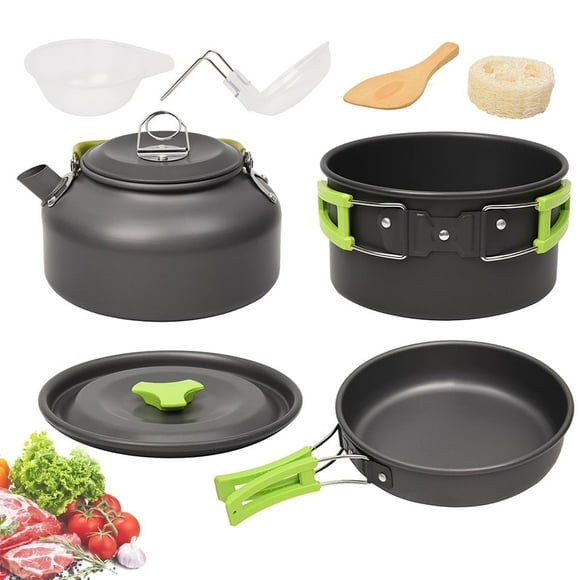 9pcs Camping Cookware Set 1-2 Person Campfire Kettle Outdoor Cooking Mess Kit Pots Pan for Backpacking Hiking Picnic Fishing with Spork Knife Spoon Anodized aluminum (Orange)
