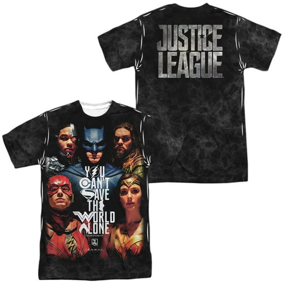 Justice League Movie Save The World Poster Unisex Adult Sublimated Costume T Shirt (Front/Back), Small Multicolor