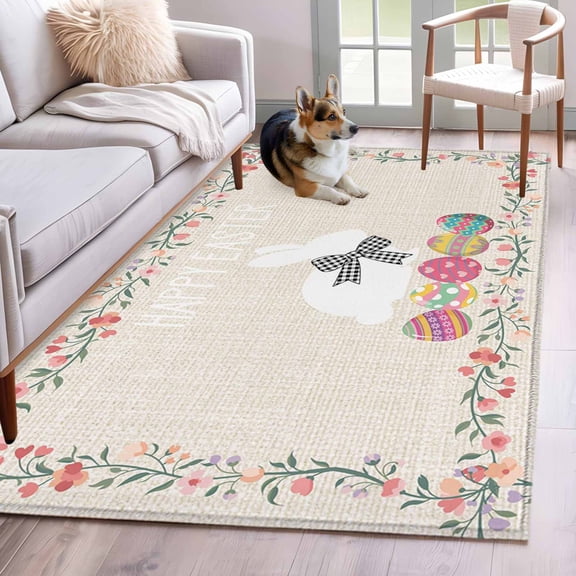 Area Rugs for Living Room Bedroom, Happy Easter 4'x6' Rug Washable Carpet Runner Indoor Outdoor, Bow Bunny Colorful Eggs Flowers Vines Non Slip Accent Floor Mats Rug for Kitchen, Office