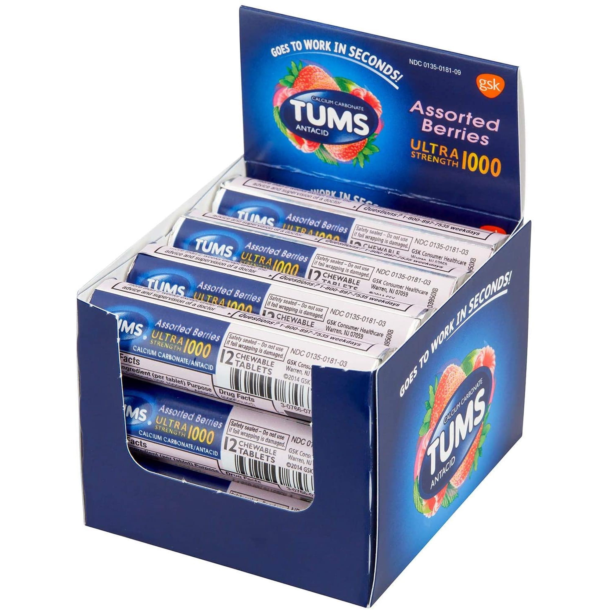 Tums Ultra Strength 1000 Antacid Assorted Berries Chewable Tablets 144 Count 12 Rolls 12 Tablets Each