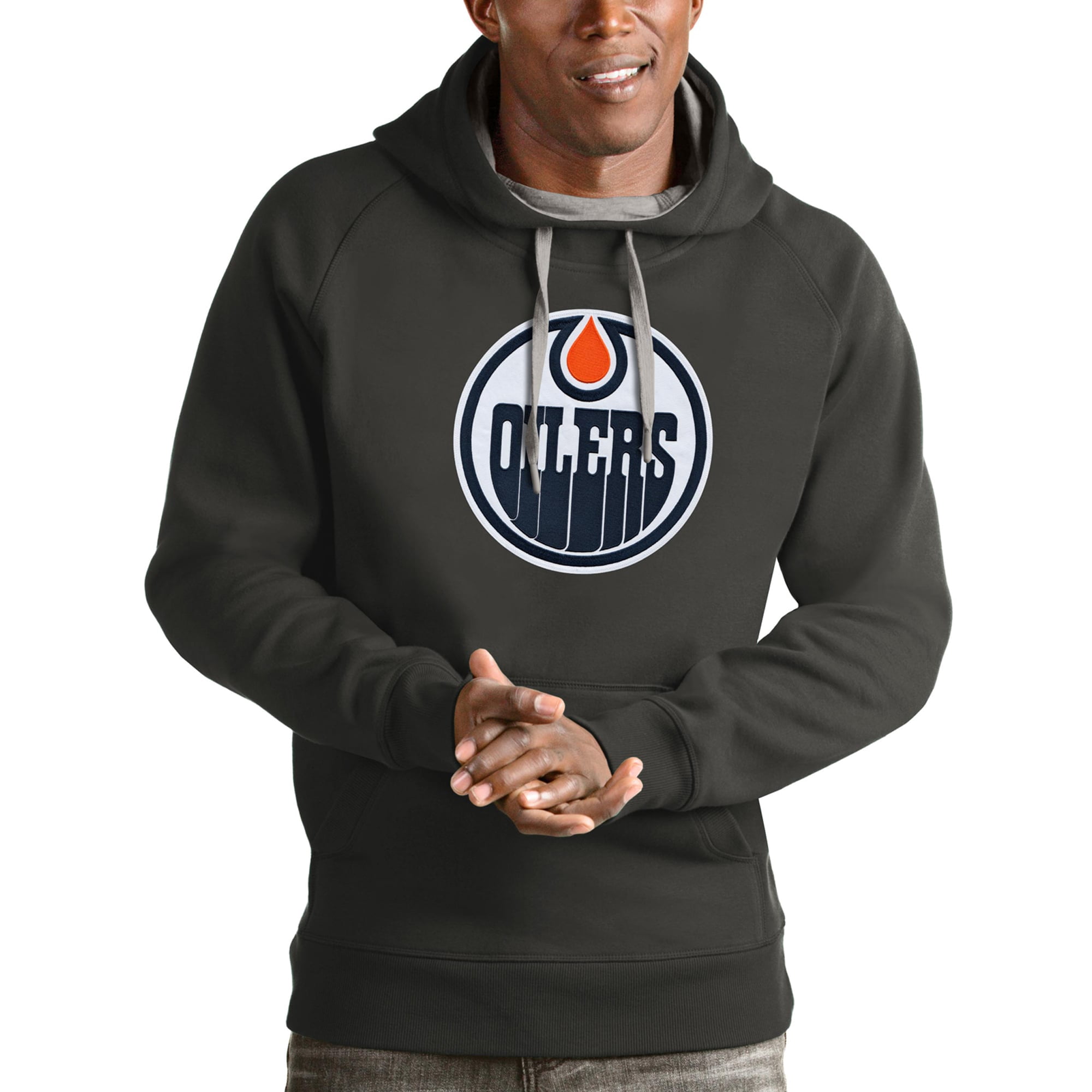 Men's Antigua Charcoal Edmonton Oilers Logo Victory Pullover Hoodie