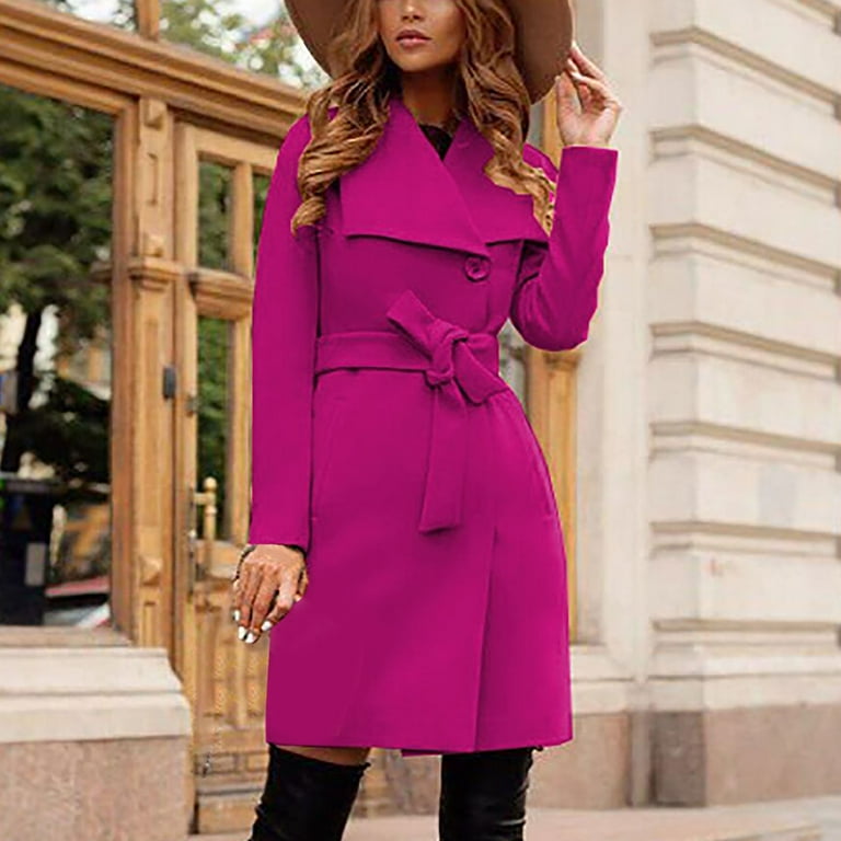 TAGOLD Womens Winter Coats Outwear,Women Solid Color Casual Long Sleeve  Lapel Long Jacket Coat With Pocket And Belt Hot Pink XXL