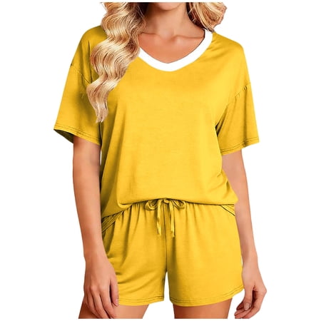 QSAWXQZ Women s 2 Piece Modal Shorts Set V Neck Short Sleeve Top Elastic Waist Loose Bottoms Soft Loungewear Breathable Summer Sleepwear L