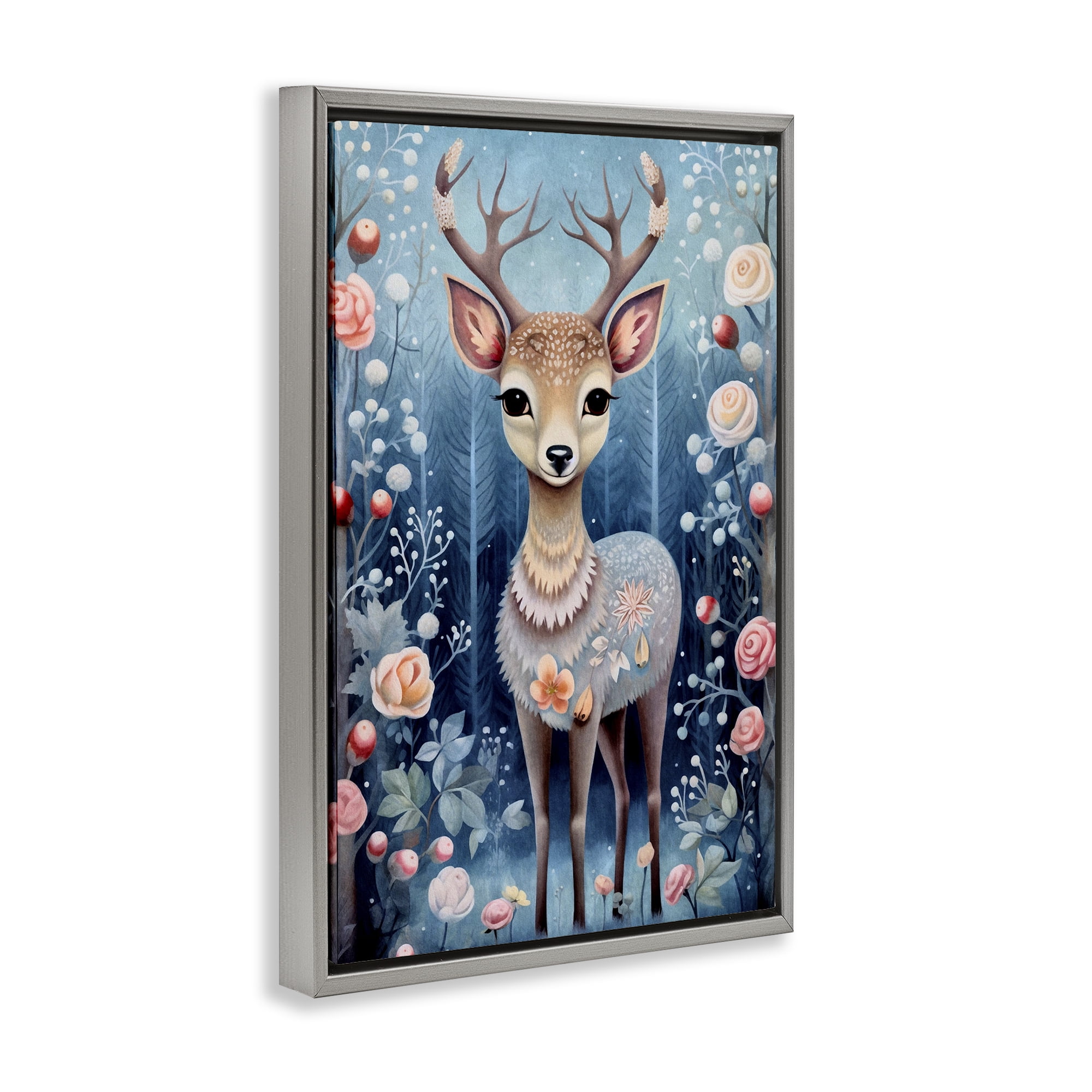 Stupell Industries Woodland Pattern Deer Animals & Insects Painting Gray Floater Framed Art Print Wall Art, 21 x 31