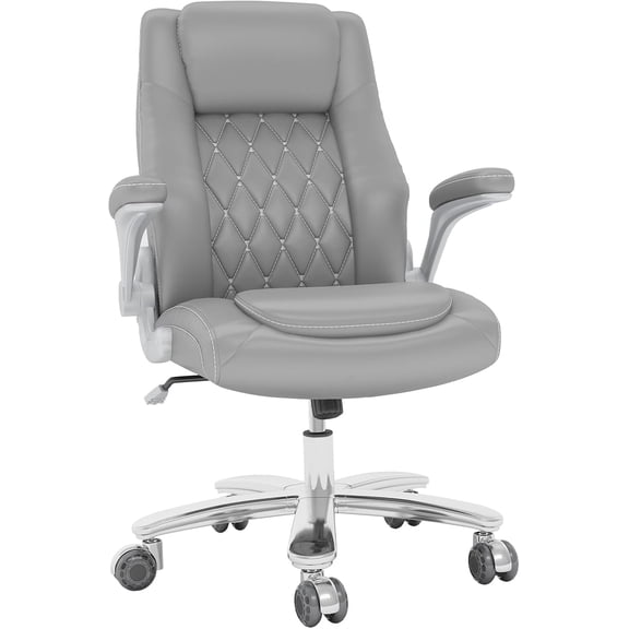 Executive Office Chair with Rubber Wheels, Big and Tall Office Chair 400LBS, High Back Leather Computer Desk Chair with Flip-up Armrests and Lumbar Support, Grey