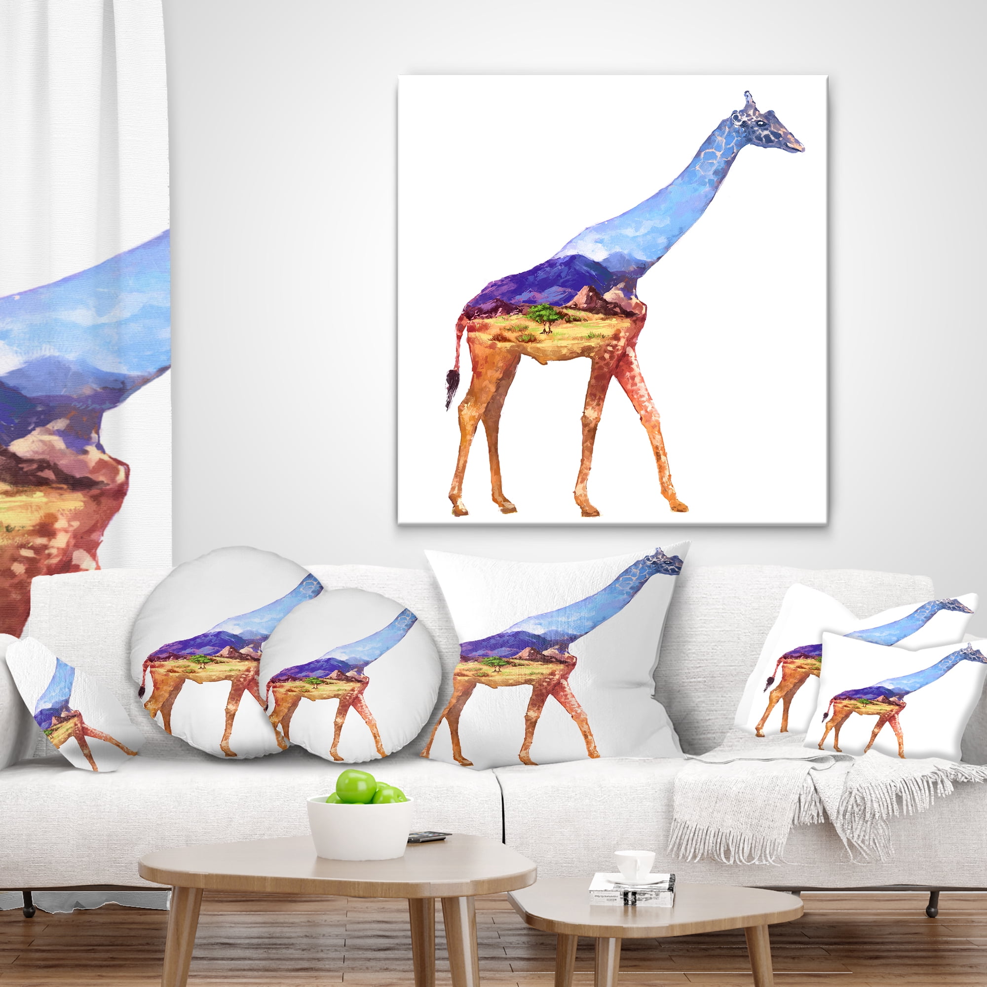 Designart Giraffe Double Exposure Illustration - Animal Throw Pillow - 12x20