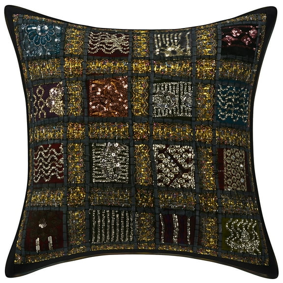 Stylo Culture Indian Decorative Throw Pillow Cover 16 x 16 Patchwork Embroidered Dark Grey Sequins 40cm x 40cm Home Decor Cotton Geometric Square Cushion Cover | 1 Pc