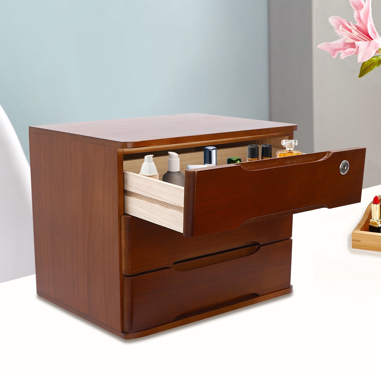 3-Tier Walnut File Cabinet Organizer Desktop Storage Box with Lockable 3 Drawers