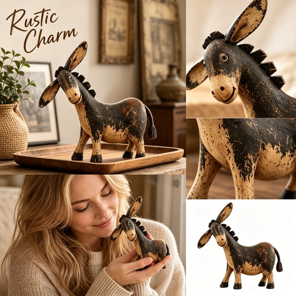 Vintage Country Donkey Figurine Rustic Resin Statue Distressed Finish Farmhouse Shelf Decor Whimsical Animal Ornament for Living Room Office