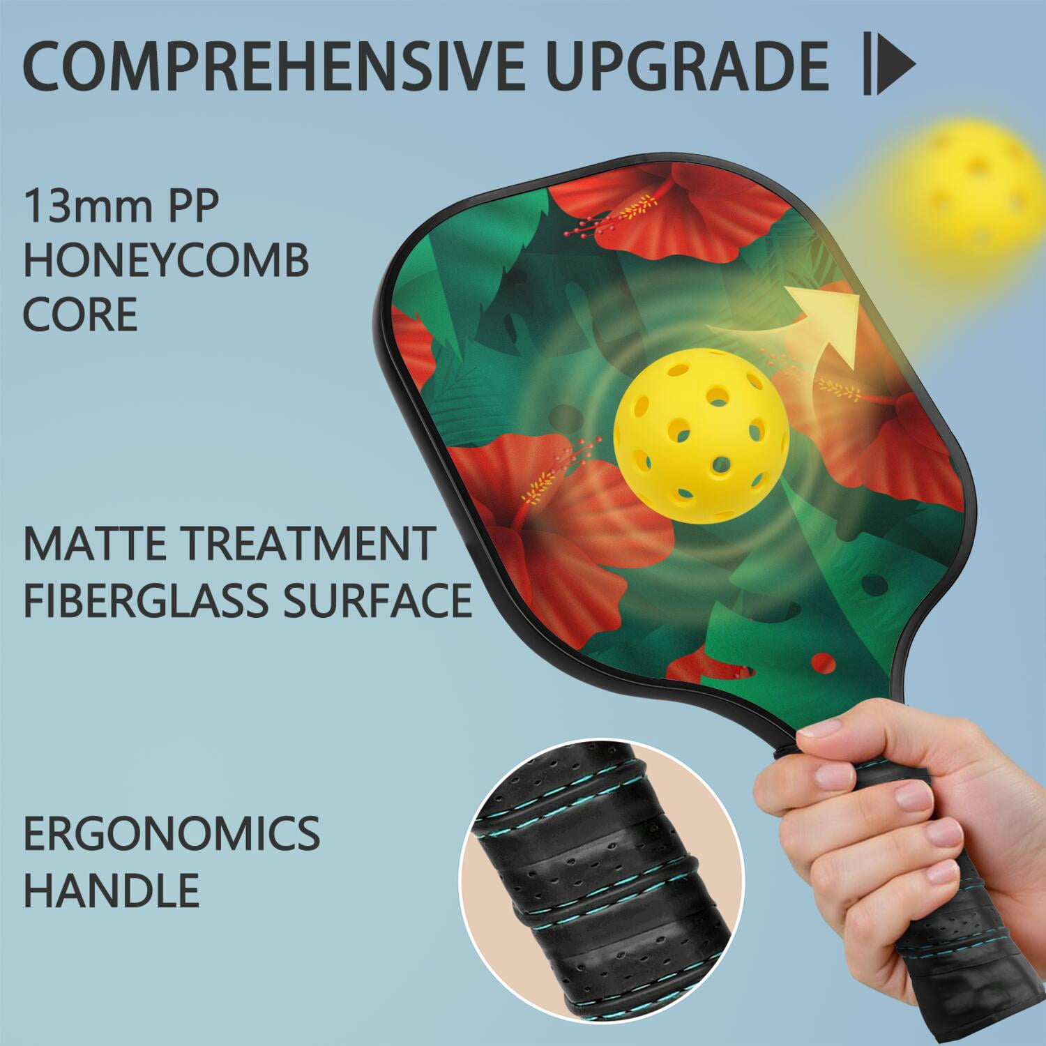 Pickleball Paddles Set Of 2, Fiberglass Surface, Tropical Jungle Print, 4 Balls & Bag