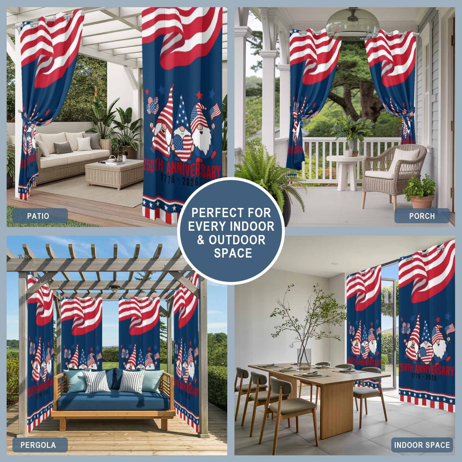 Anniversary Outdoor Curtains for Patio, Patriotic Gnome USA Flag Independence Day Sunshade Privacy Drapes Grommet Waterproof Outside Curtains for Porch/Cabana/Balcony 54"x 95", 2 Panel