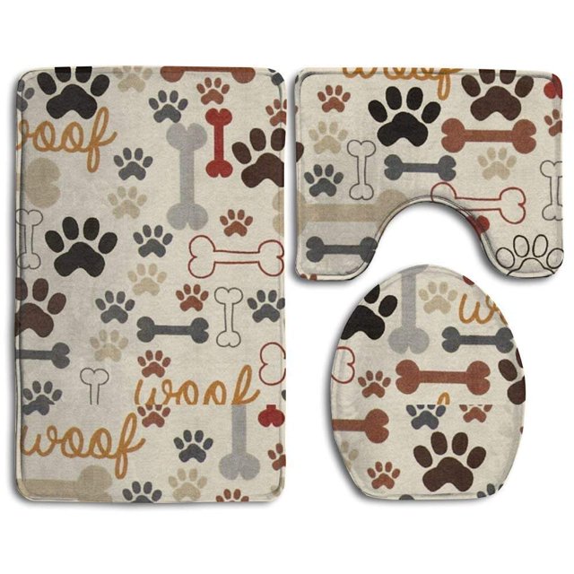 ABPHQTO Crema para huellas de patas de huesos de perro Juego de alfombras de baño de 3 piezas Alfombra de baño Alfombra de contorno y tapa de inodoro