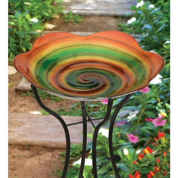 AWESOME Blown Glass Birdbath  Stand - Rainbow Swirl - 18 inch