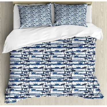 Palm Tree Duvet Cover Set King Size, Hawaiian Pattern with Paper Boats on Worn Sea Waves Coastal Artwork, Decorative 3 Piece Bedding Set with 2 Pillow Shams, Blue Dark Blue White, by Ambesonne
