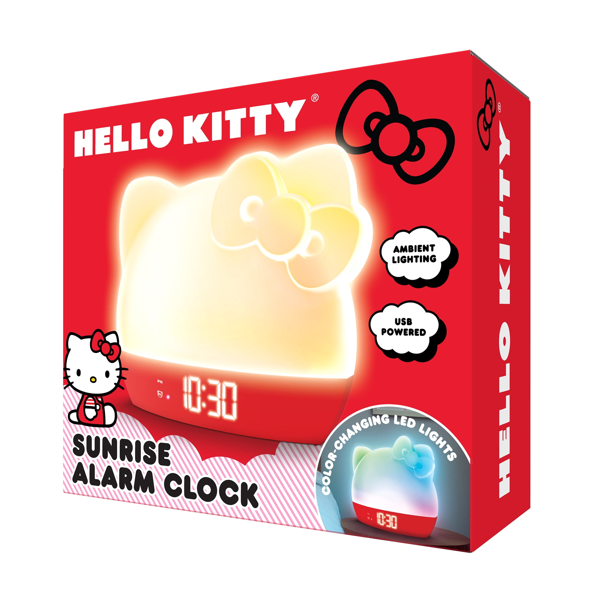 Hello Kitty Sunrise Alarm Clock with Wake-Up Light, RGB Color-Changing Night Light & Ambient Lamp, LED Time/Date/Temperature Display, USB Powered with Device Charging Port (Red)