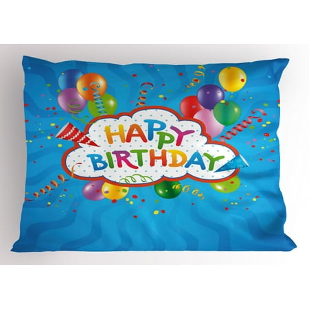 Birthday Pillow Sham Wavy Blue Colored Backdrop with Greeting Text Party Hats Confetti Best Wishes, Decorative Standard Size Printed Pillowcase, 26 X 20 Inches, Multicolor, by