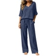 thumbnail image 5 of BRELIL Women's 2 Piece Sets Summer Wide Leg Pants V Neck Short Sleeve Tops Casual Lounge Matching Sets Solid Boho Vacation Travel Outfits Loose Tracksuit, Navy S, 5 of 7