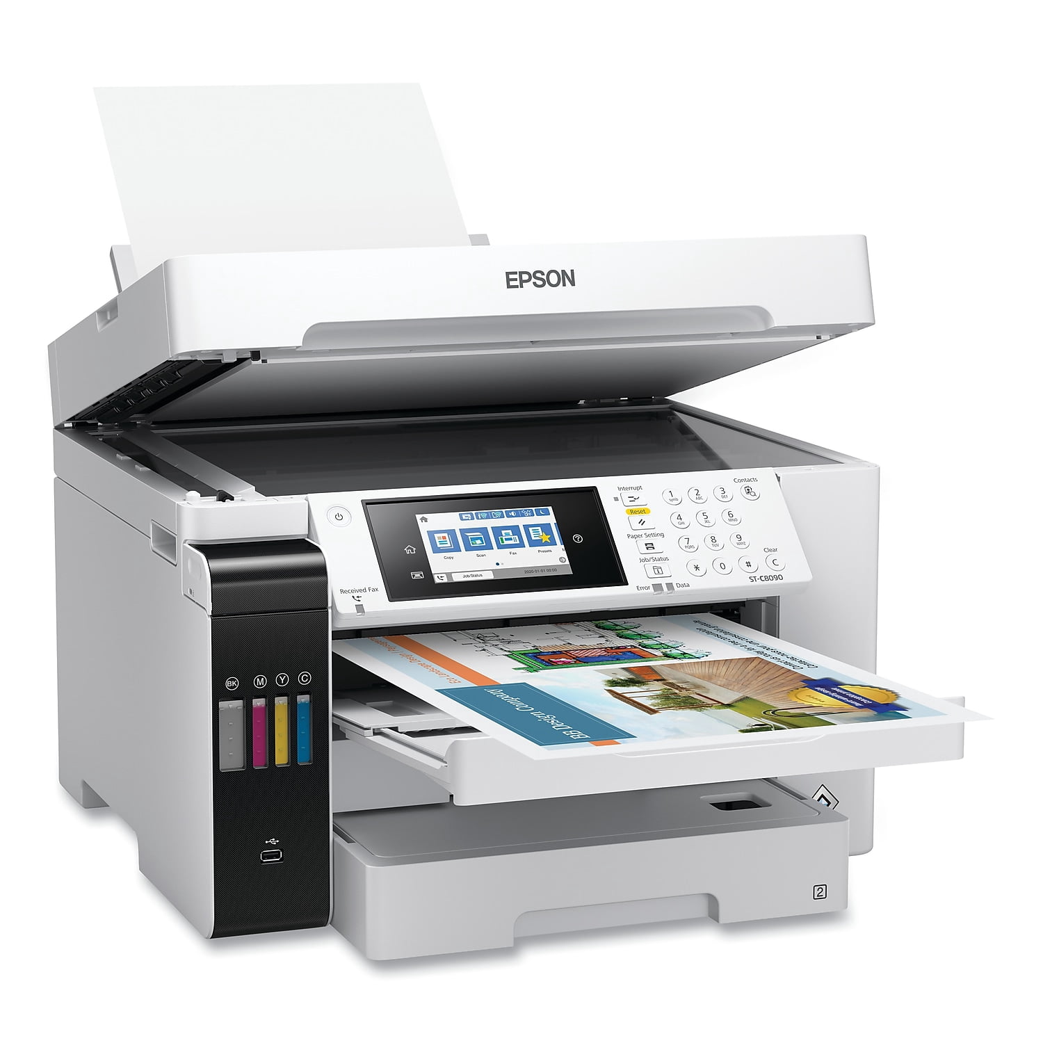 Epson WorkForce ST-C8090 Inkjet Multifunction Printer-Color-Copier/Fax/Scanner-4800x1200 dpi Print-Automatic Duplex Print-66000 Pages-550 sheets Input-Color Flatbed Scanner-1200 dpi Optical