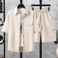 thumbnail image 5 of Dianli Men's Solid Color Casual Loose Sports Elastic Waist Shorts and Double Pocket Lapel Half Button Top Set, Relaxed Fit Beachwear, Button Front Two Piece Summer Fashion Suit Pink M, 5 of 10