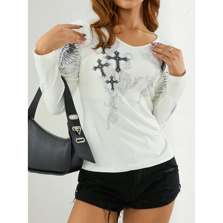 Women Harajuku Long Sleeve Shirt Y2K Skull Print Tops Long Women Harajuku Long Sleeve Shirt Y2K Skull Print Tops Long
