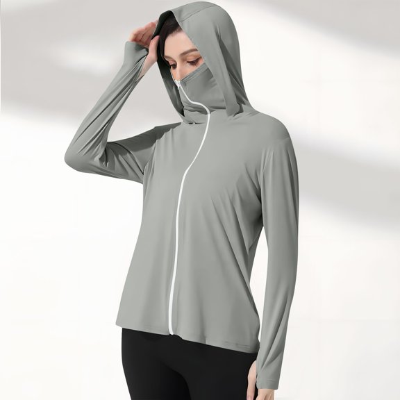 Sun Protection Jacket for Women,Solid UPF 50 Hooded Full Zip Attached Face Mask Long Sleeve Thumb Hole Summer Coat for Daily Wear, Travel & Outdoor Gray S