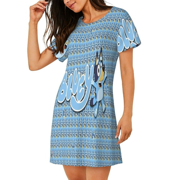 Saiise Women's Nightgown Sleepwear,Short Sleeve Pajama Dress,Bluey Print Loungewear for Home and Sleep