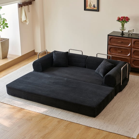 Leumius 78.8" Convertible Sofa Bed with Pillow Back Support Armrest,Comfy Corduroy Fabric Boneless Modular Sectional Sofa,Futon Couch Sleeper Bed for Living Room,Bedroom,Black