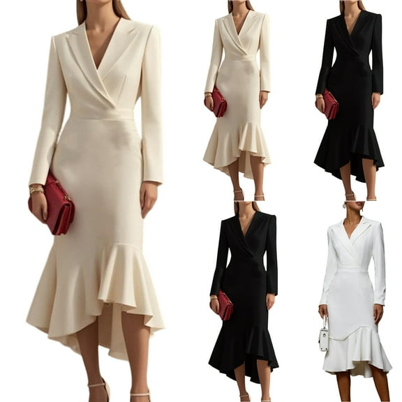 Women's Blazer Dress Suit Dress Long Sleeve Notch Collar Waist Defining Bodycon Fishtail Hem Dress for Office Spring Fall,Beige,L