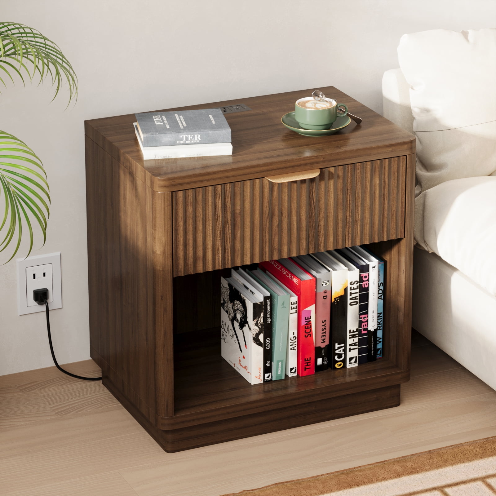Pusnapku Fluted Night Stand, 22" Farmhouse Bedside Table with Charging Station, Curved Design Wood End Table with Drawer, for Living Room, Bedroom