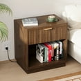 thumbnail image 2 of Fluted Night Stand, Modern and Small Bedside Table with Charging Station, Curved Design Wooden End Table with Drawer and Open Compartments, for Living Room, Bedroom, 2 of 9