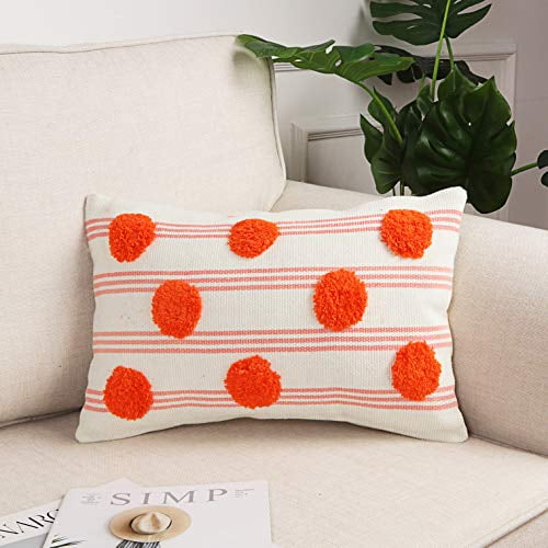 Sungea Cute Decorative Lumbar Throw Pillows Cover 12x20 Inch Striped Pompoms Outdoor Pillowcase Modern Boho Tufted Cushion Case For Girls Bedroom Couch Sofa Bed Home Decor Com Sungea Cute Decorative Lumbar Throw, Pink Striped Sofa Pillows