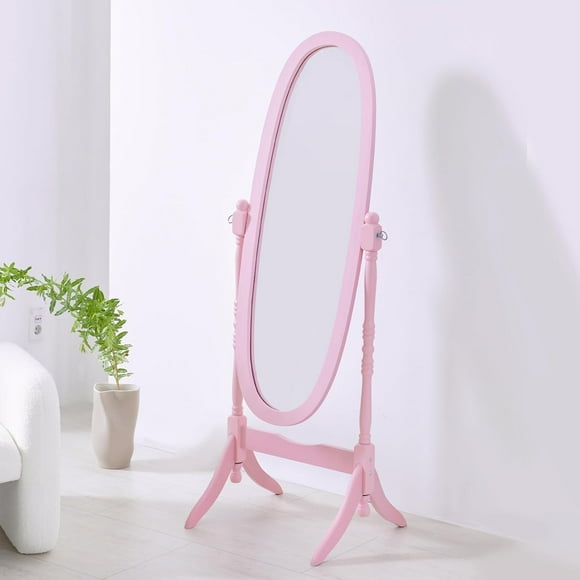 Wooden Antique Floor Free Standing Mirror/Traditional Style 60" Oval Clear Dressing Cheval Mirror Bedroom Interior (Pink)