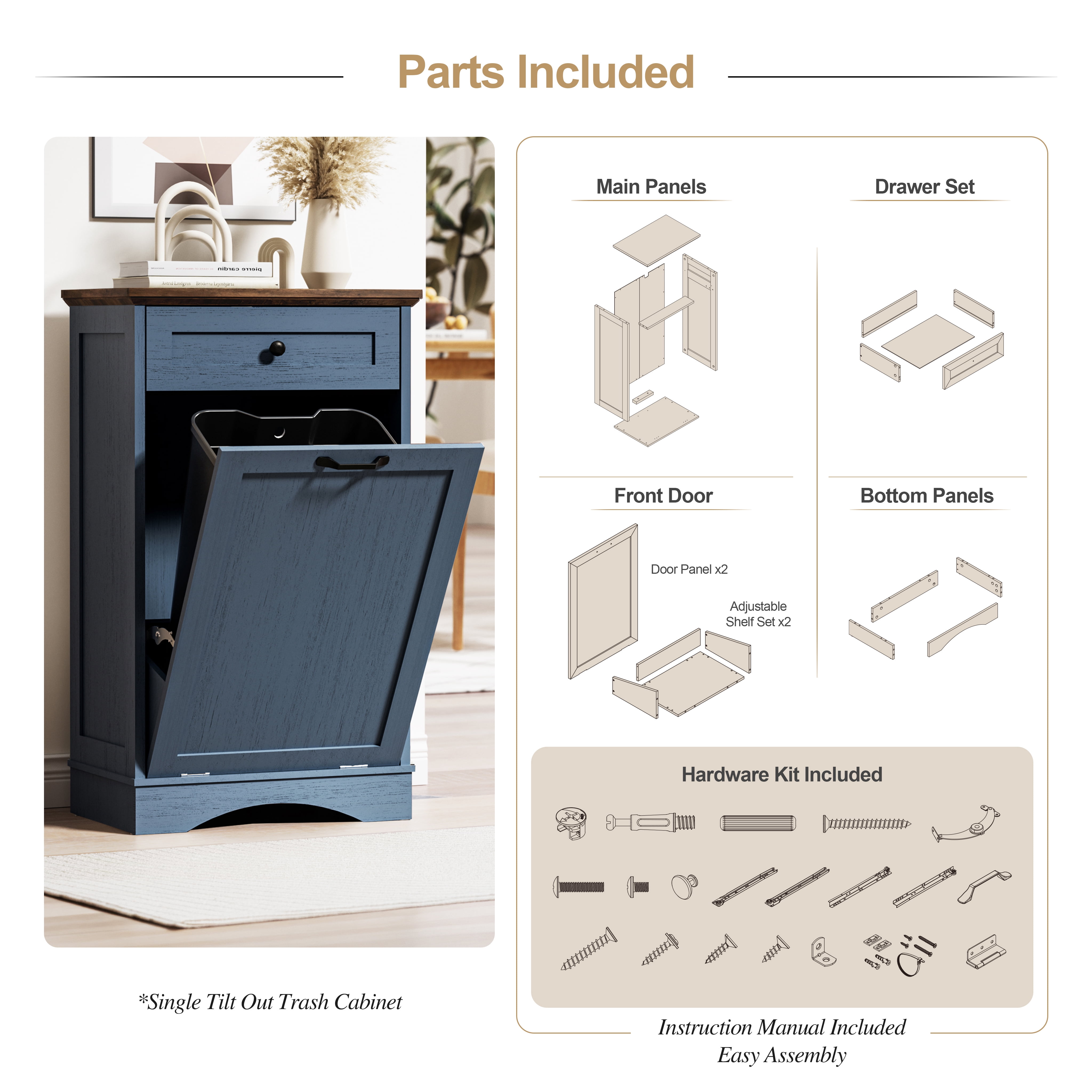 AHB 13 Gallon Tilt Out Kitchen Trash Cabinet with Drawer, Single Trash Can Storage Organizer, 20.9"L x 13.55"W x 38.5"H , Blue