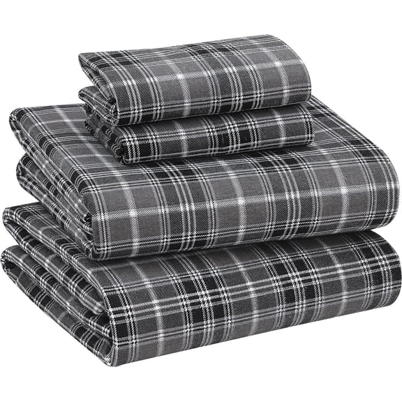 RUVANTI Flannel Sheets Queen Size - 100% Cotton Double Brushed Bed Sheets, Deep Pockets 16 Inches Queen Sheet Set, All Seasons Breathable & Extra Soft - Warm & Cozy, 4 Piece, Grey Plaid