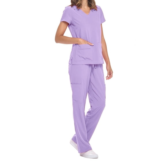 Yotami Womens Short Sleeve Scrub Uniform Set Solid Color V-Neck Top and Drawstring Pant with Pocket Loose Uniform Set for Medical, Purple, L