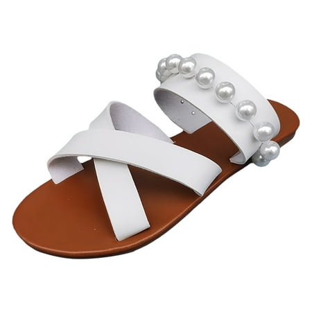 

Cathalem Women Summer Slip On Solid Casual Pearl Decoration Open Toe Flat Soft Bottom Breathable Shoes Sandals Slippers White 42