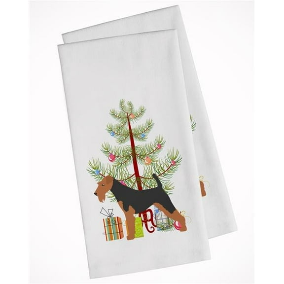 Welsh Terrier Merry Christmas Tree White Kitchen Towel - Set of 2