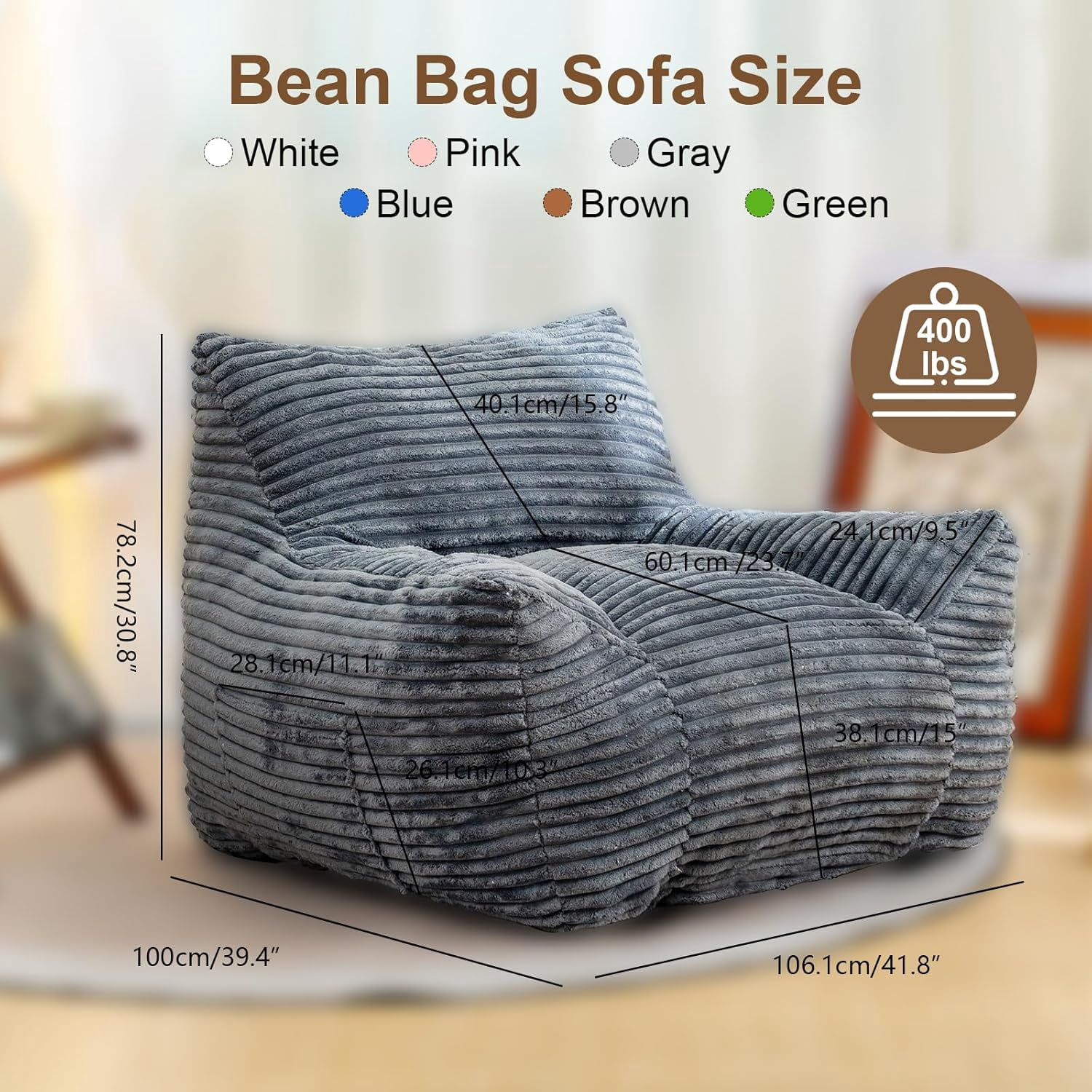 Ywen Bean Bag Chair for Adults & Kids, Giant Bean Bag Sofa with Side Pocket, Corduroy Beanbag Chair with Armrests, Comfy Stuffed Floor Sofa for Living Room Bedroom Dorm, Gray