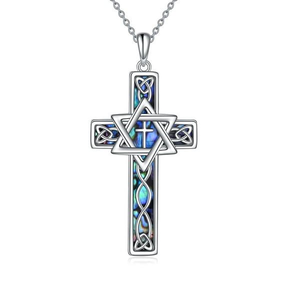 Star of David Necklaces for Women Men Sterling Silver Cross Celtic Abalone Shell Necklaces Gifts (cross)