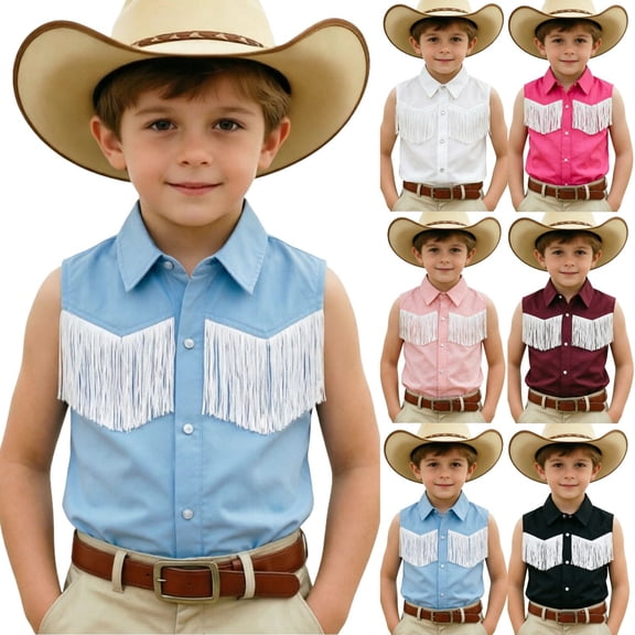 Faraee Girls Fringe Western Shirt Pearl Snap Button Down Cowgirl Outfits Tassel Sleeveless Cowboy Vest Blouse Tops for Kids 5-6 Years Black