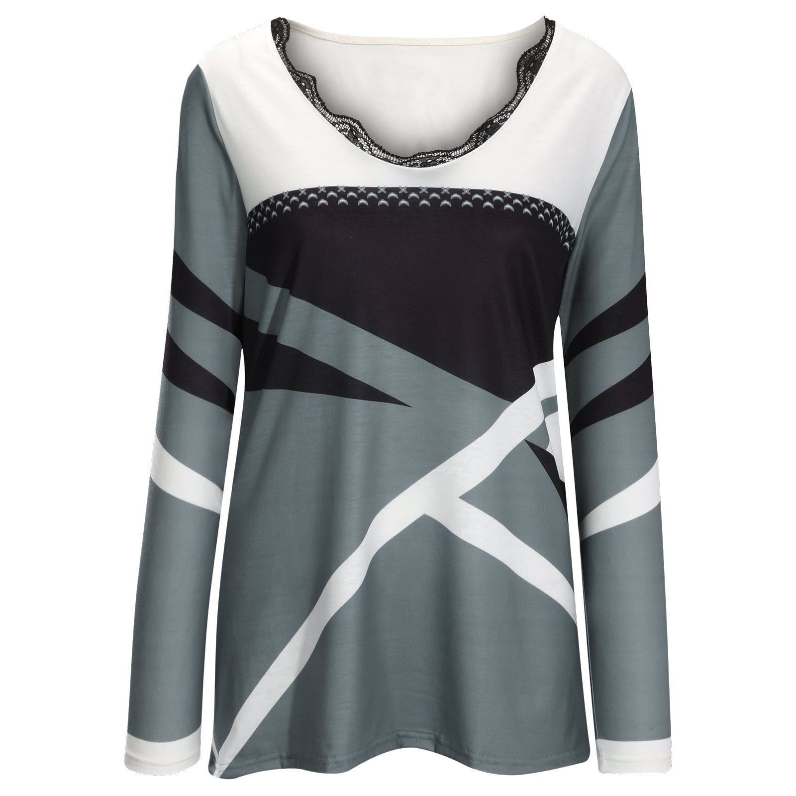 Women's Tunic Fashion Long Sleeve Geometric Print V-Neck Lace Patchwork Tops T-Shirt Plus Size Blouses Shirt Dressy for Fall
