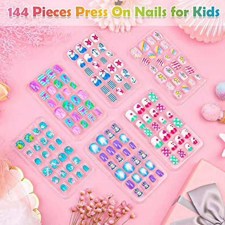144 Pieces Kids Press on Nails for Girls, Acejoz Summer Style Girls Fake  Nails Stick on Nail Tips Children Full Cover Short False Fingernails for  Boys