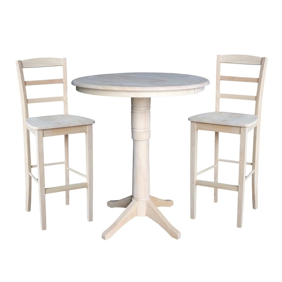 36" Round Pedestal Bar Height Table with 2 Madrid Stools – Unfinished - 3 Piece Set