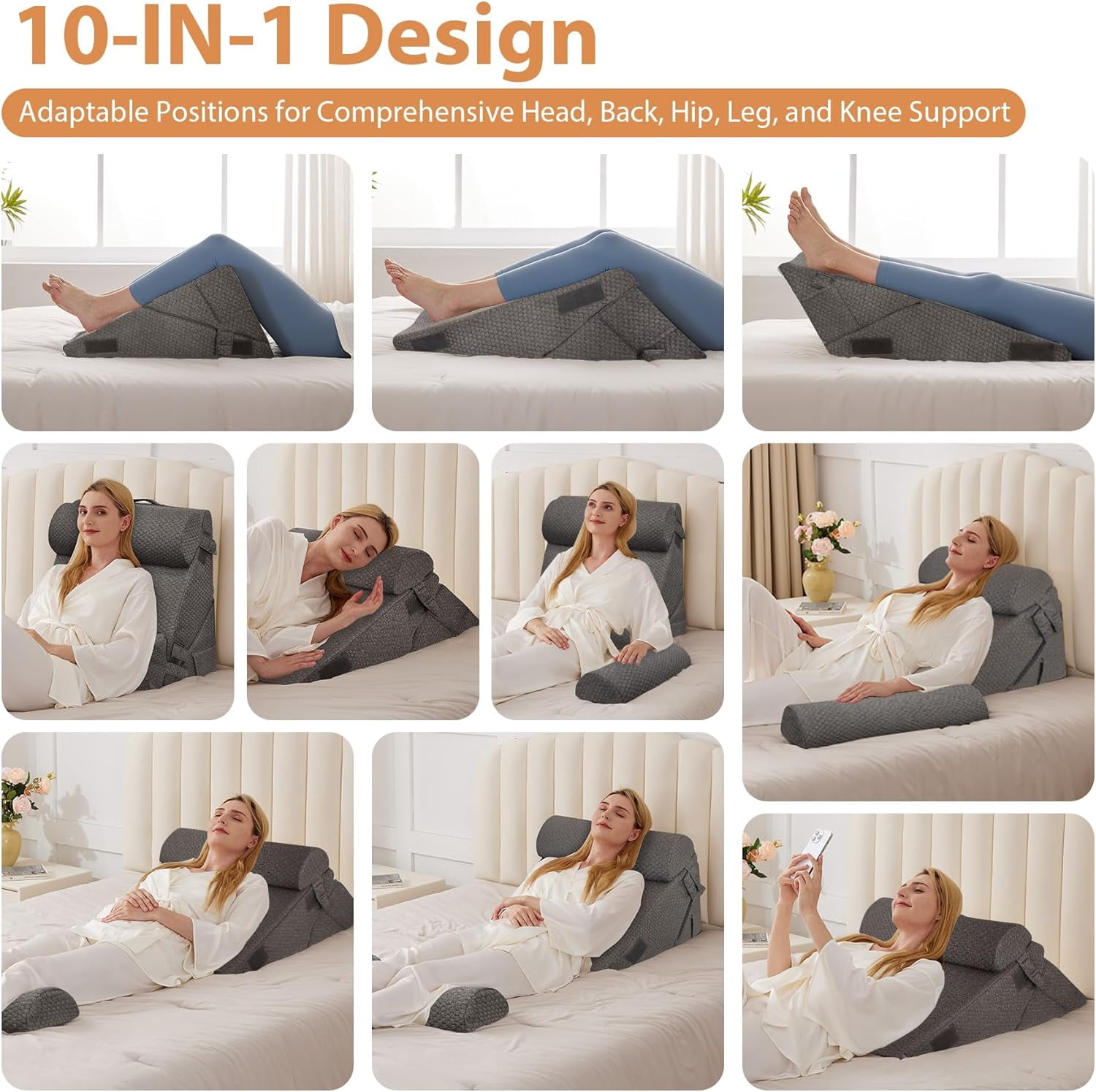 Adjustable Memory Foam Wedge Pillow Set for Sleeping, Acid Reflux & Post-Surgery Support, Orthopedic Bed Wedge for Neck and Back, 9 & 12 Inch, White/Grey